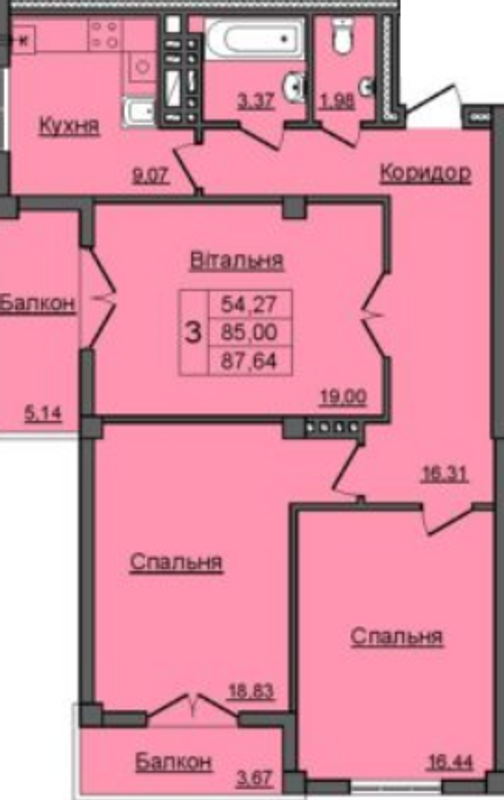 Планировка типа  3-87.64