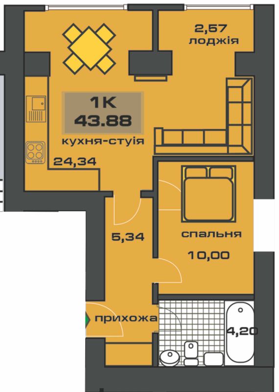 Планировка типа  1-43,88