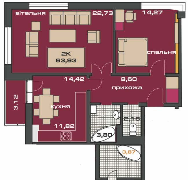 Планировка типа  2-63,93