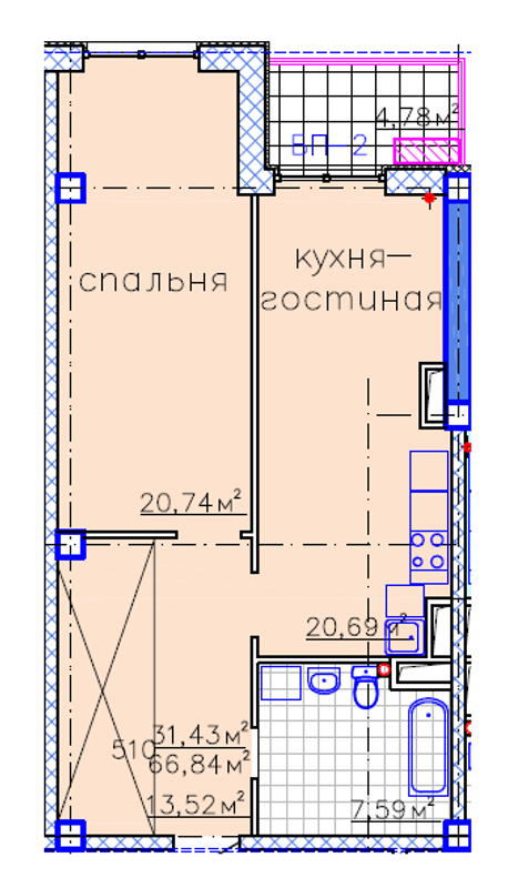 Планировка типа  2-66.84